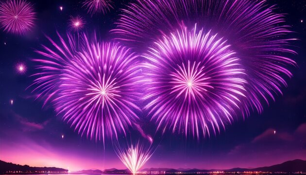 vibrant purple fireworks burst against night sky