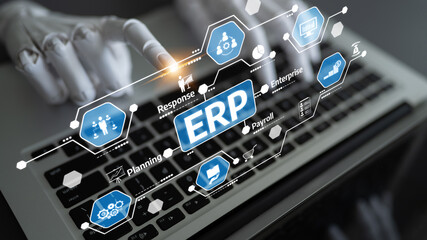 This image showcases a digital environment where ERP software enhances business management through innovative tools and icons, emphasized by a laptop keyboard. Tessel