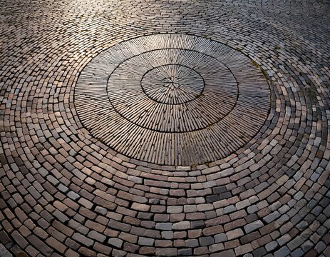 intricate circular pattern of textured stone paving - Powered by Adobe