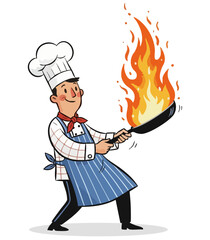 Dynamic chef flambeing food with fire in frying pan. Professional cook demonstrating culinary performance. Vector illustration of chef cooking with flames. Happy chef masterfully using frying pan 