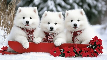 Naklejka premium Three happy Samoyed dogs with fluffy white fur sit on a red sled, adorned with scarves and poinsettias, amidst a serene snowy forest backdrop, capturing a perfect Christmas moment