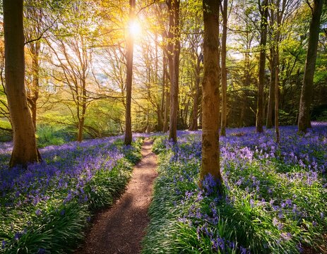 sunlit woodland path filled with bluebells