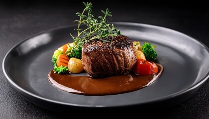 a hot filet mignon is topped with a glossy brown sauce and garnished with herbs surrounded by vegetables on a dark plate