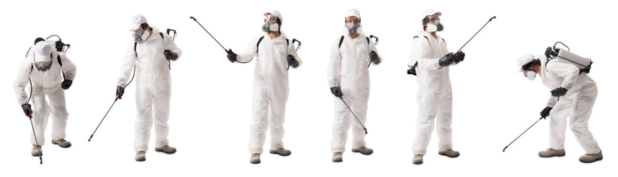 Collage of a pest control worker wearing protective gear, with sprayer, isolated on a white background