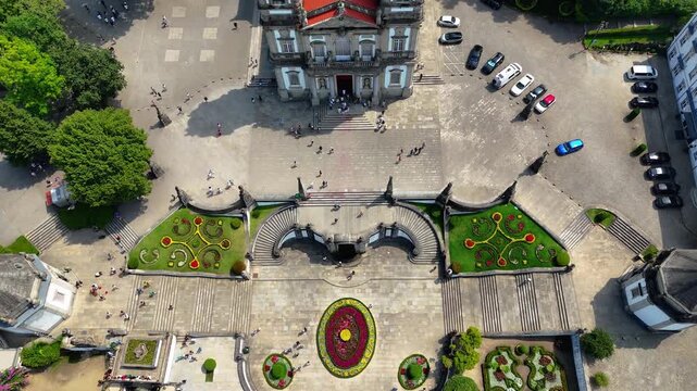 Aerial Cinematic View of Bom Jesus do Monte &mdash; Iconic Baroque Sanctuary and Monumental Staircase Overlooking Braga, Portugal