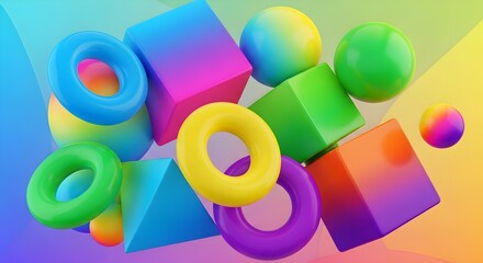 Vibrant Floating 3D Geometric Shapes: Abstract Neon Primitives, Colorful Polygons, and Render Art