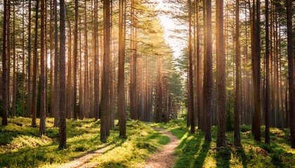sunlit path through pine forest