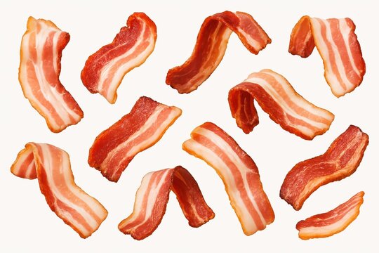 Strips of raw bacon on a white background show a vivid contrast between red meat and white fat. Perfect for cooking illustrations and recipes.
