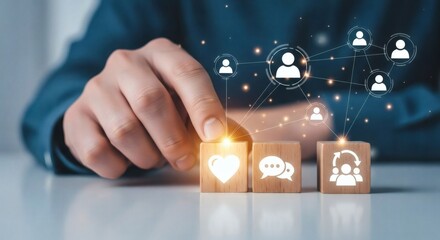 Human connection and team communication concept. Glowing wooden blocks with heart, chat, and team icons highlighted by digital human network nodes