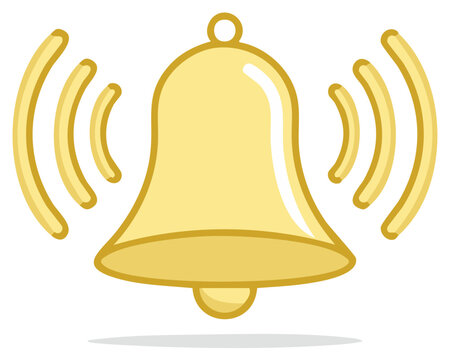 Ringing golden bell notification icon with sound waves vector illustration