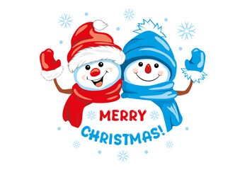 Two happy waving snowmen. Festive design for a Christmas card