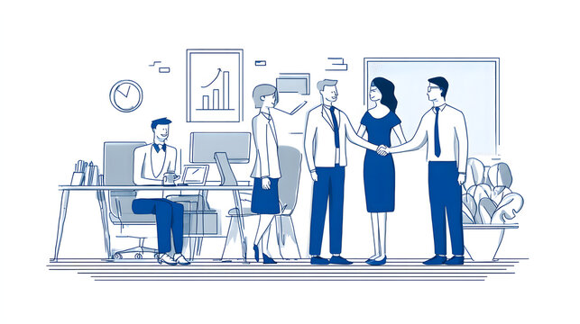 Flat business illustration in blue tones showing team collaboration and office communication