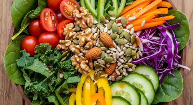 Colorful vegan salad bowl featuring fresh spinach, cherry tomatoes, kale, yellow bell peppers, cucumbers, shredded purple cabbage, carrots, walnuts, almonds, pumpkin seeds, and sunflower seeds. - Powered by Adobe