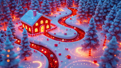 AI-generated image of a winter wonderland of Christmas spirits, where gingerbread houses and a river come to life