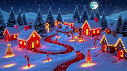 AI-generated image of a winter wonderland of Christmas spirits, where gingerbread houses and a river come to life