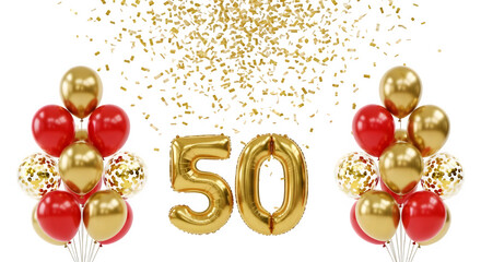 Golden number 50 balloons with red and gold balloon bouquets and falling confetti, isolated on transparent background