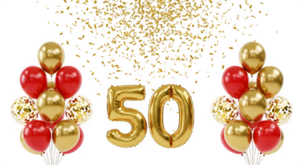 Golden number 50 balloons with red and gold balloon bouquets and falling confetti, isolated on transparent background
