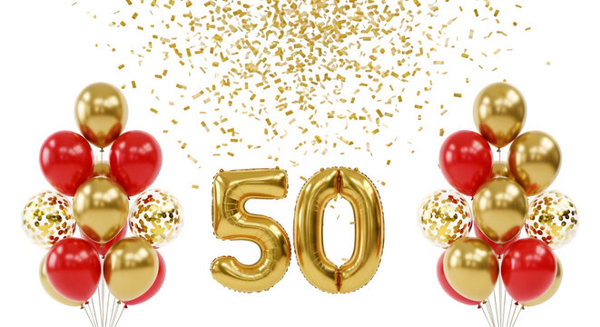 Golden number 50 balloons with red and gold balloon bouquets and falling confetti, isolated on transparent background