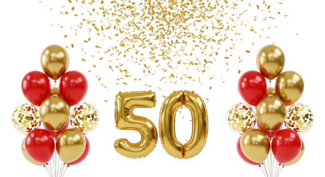 Golden number 50 balloons with red and gold balloon bouquets and falling confetti, isolated on transparent background