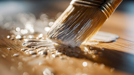 Hyper detailed close-up of a paintbrush with wet paint on wooden surface