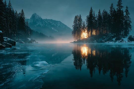 The low winter sun reflecting off the ice, a thin mist hovering above the surface. Generative AI