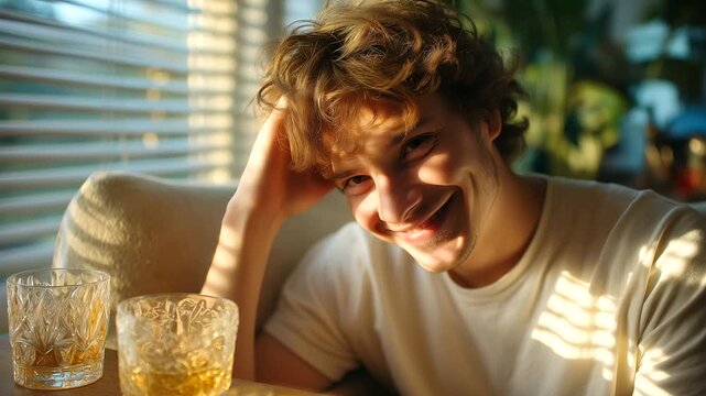Morning after party, young adult holding head on sofa, blinds leaking harsh sunlight, empty glasses on table, headache mood, with copy space