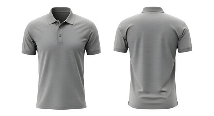 Grey polo shirt, front and back view, for mens casual fashion apparel, isolated on transparent background