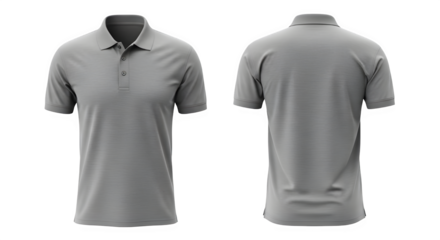 Grey polo shirt, front and back view, for mens casual fashion apparel, isolated on transparent background