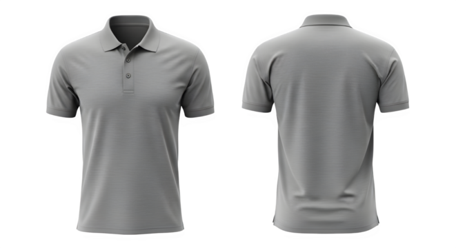 Grey polo shirt, front and back view, for mens casual fashion apparel, isolated on transparent background