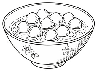 Bowl of Dumplings Line Art Asian Food Dishes Dumpling Soup with Noodles Flower Pattern
