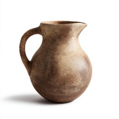 Rustic ceramic jug with handle on white background
