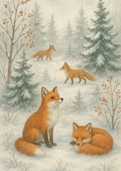 Naklejka premium Charming foxes in snowy forest