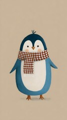 Obraz premium Cute penguin wearing checkered scarf winter illustration