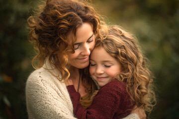 Conexión maternal pura y amor incondicional en un cálido abrazo. Madre e hija, ambas de cabello rizado, se abrazan con los ojos cerrados.