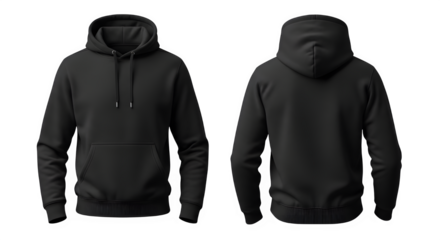 Classic blank black hoodie mockup, showing both front and back views, ideal for apparel design, isolated on transparent background