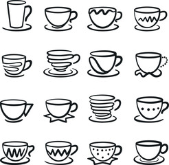 Obraz premium Hand Drawn Coffee and Tea Cup Icons Set on Saucers