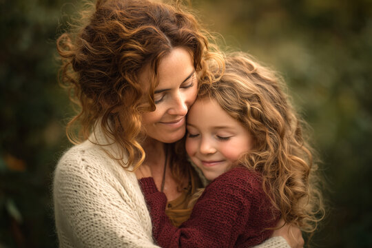 Conexi&oacute;n maternal pura y amor incondicional en un c&aacute;lido abrazo. Madre e hija, ambas de cabello rizado, se abrazan con los ojos cerrados.