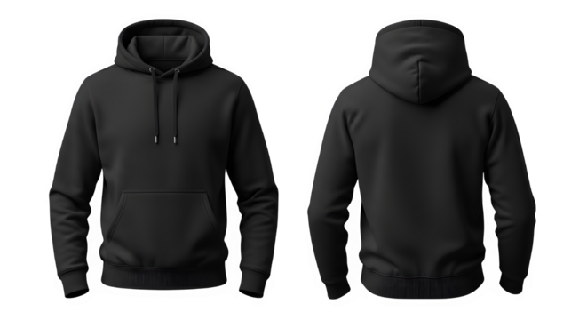 Classic blank black hoodie mockup, showing both front and back views, ideal for apparel design, isolated on transparent background
