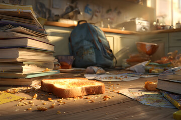 Chaotic morning in kitchen with toast and school backpack