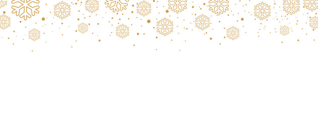 Elegant Christmas or winter banner featuring a seamless falling pattern of golden/bronze snowflakes and dots along the top edge. The design is isolated on a white background, offering significant copy