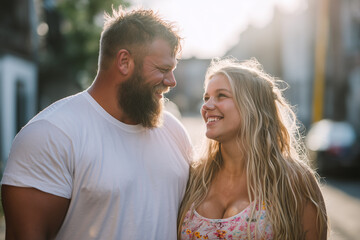 Cercanía emocional reflejada en miradas sinceras, bajo la luz dorada de un día compartido. Dos personas sonrientes de talla grande se miran en un soleado entorno urbano; camisa blanca y top floral.