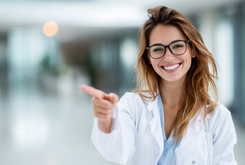 La ciencia también sonríe: el conocimiento se comparte con la humanidad, señalando el camino hacia el bienestar. Persona con bata blanca y gafas sonríe y señala; fondo luminoso y moderno