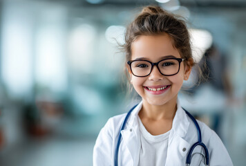 Un niño se presenta como médico con orgullo, alegría y confianza en un entorno acogedor. Niño con bata blanca, gafas y estetoscopio, sonriendo en un pasillo médico iluminado y borroso.