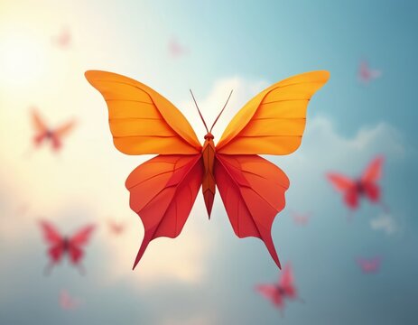 A bright orange origami butterfly with red accents floats gracefully in a soft blue sky with blurred pink butterflies. The delicate paper insect seems to fly against a background of light clouds.