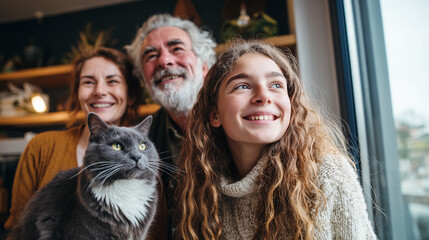 Retrato doméstico que evoca vínculos familiares, contemplación compartida y calidez emocional en un ambiente acogedor y luminoso. Asómese a la ventana de una cocina cálida mientras sostiene un gato.
