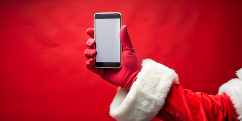 A festive scene shows gloved hands in a Santa suit holding a smartphone with a blank screen against a bold red backdrop, conveying modern holiday greetings and seasonal cheer