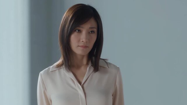 Asian woman in white blouse pensive reflection, minimalist office, soft natural light, downward gaze, subtle emotion, still camera hold, corporate wardrobe, subdued palette, introspective mood