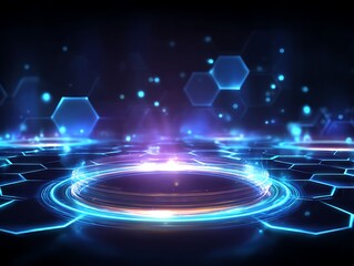 Futuristic neon blue casino background with glowing hex grids and light streaks