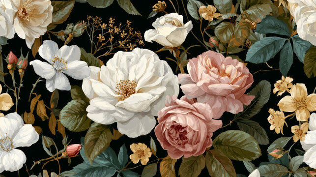 Seamless botanical vector pattern with roses, herbs, and leaves.