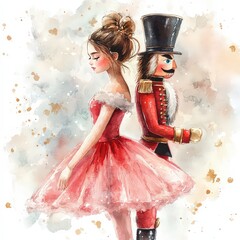 Naklejka premium Nutcracker and ballerina, fairy-tale characters watercolor illustration